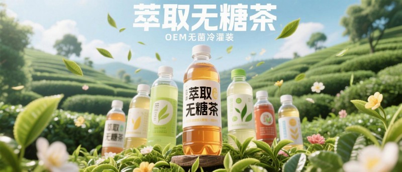 jimeng-2025-06-30-1629-一个商业广告横幅，各种塑料瓶装茶饮品，简约瓶身写着（萃取无糖茶），有文字“OEM..